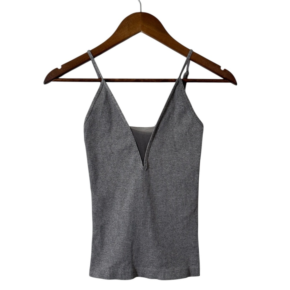 Free People Gray Ribbed Deep V Cami